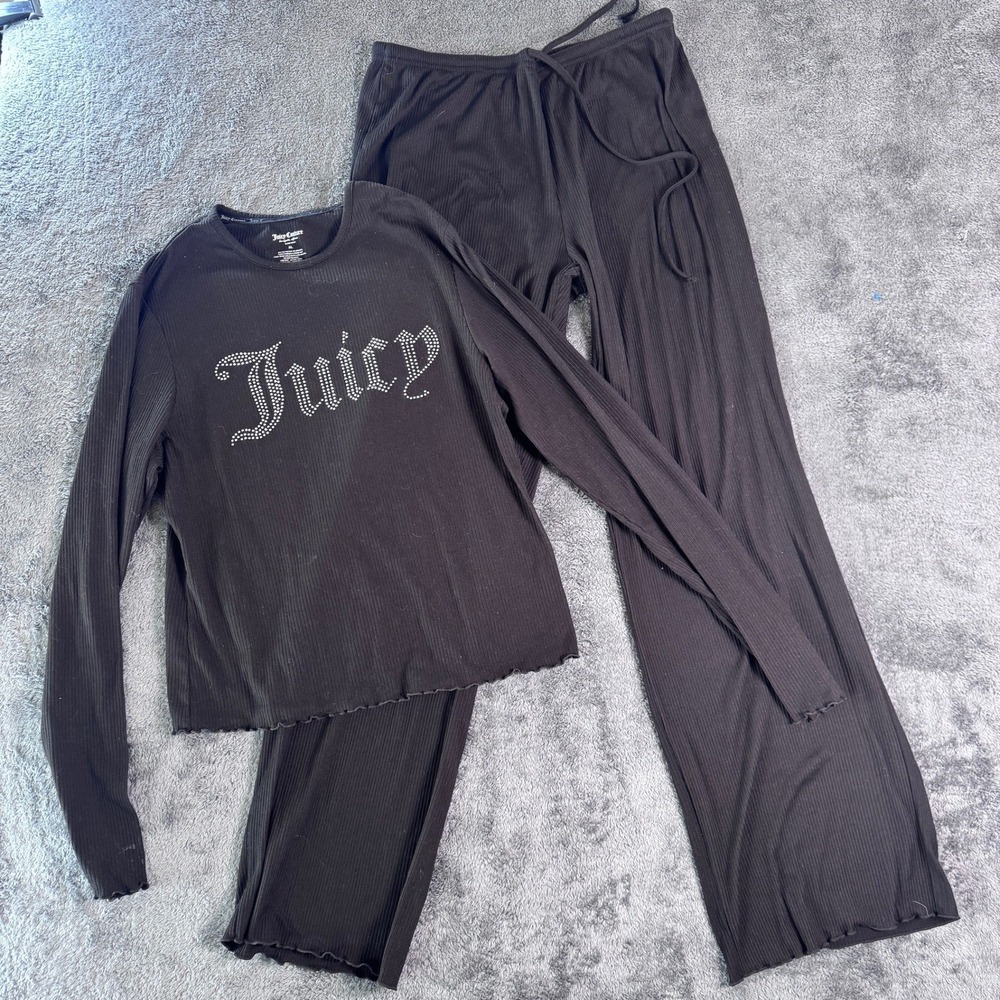 Juicy Couture XL Lounge Set Black Ribbed Rhinestone Logo Pajamas Y2K McBling 2pc - Picture 5 of 7